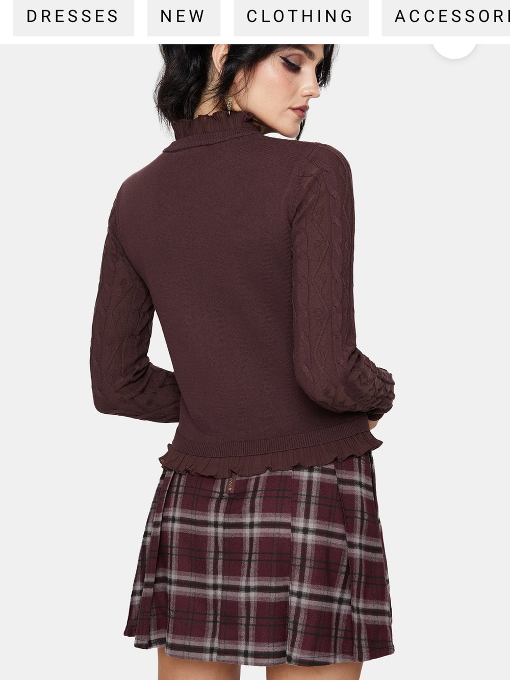 Disturbia Women's Cable Knit Cardigan Burgundy Ashen Vine Ruffle Slim Fit Size M - Picture 2 of 15